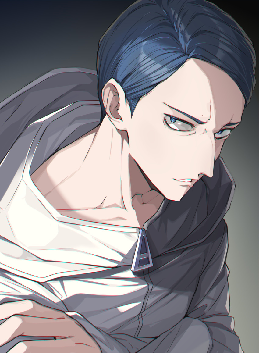 1boy, blue_eyes, blue_hair, furrowed_brow, gradient_background, grey_background, highres, hood, hood_down, hooded_jacket, jacket, long_sleeves, looking_at_viewer, male_focus, ringozaka_mariko, short_hair, solo, toshi_densetsu_kaitai_center, upper_body, white_jacket, yamada_gasmask