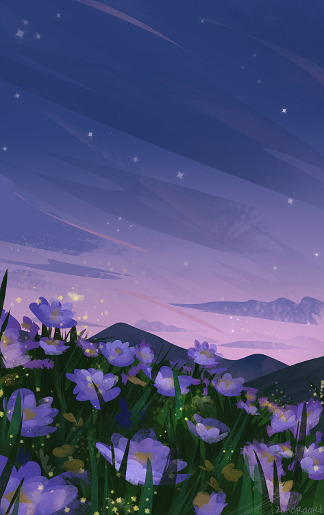 artist_name, clouds, commentary, dusk, english_commentary, field, flower, flower_field