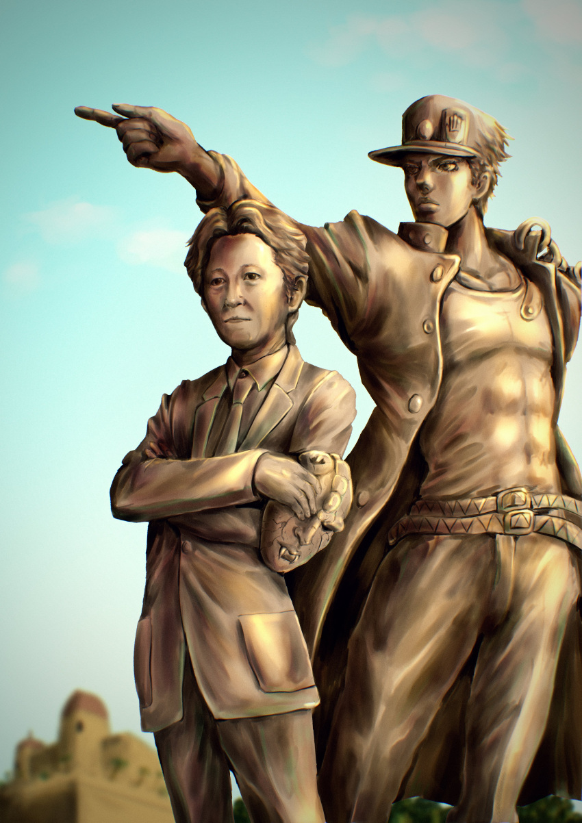 2boys, absurdres, araki_hirohiko_(person), bronze, chain, collared_shirt, commentary, commentary_request