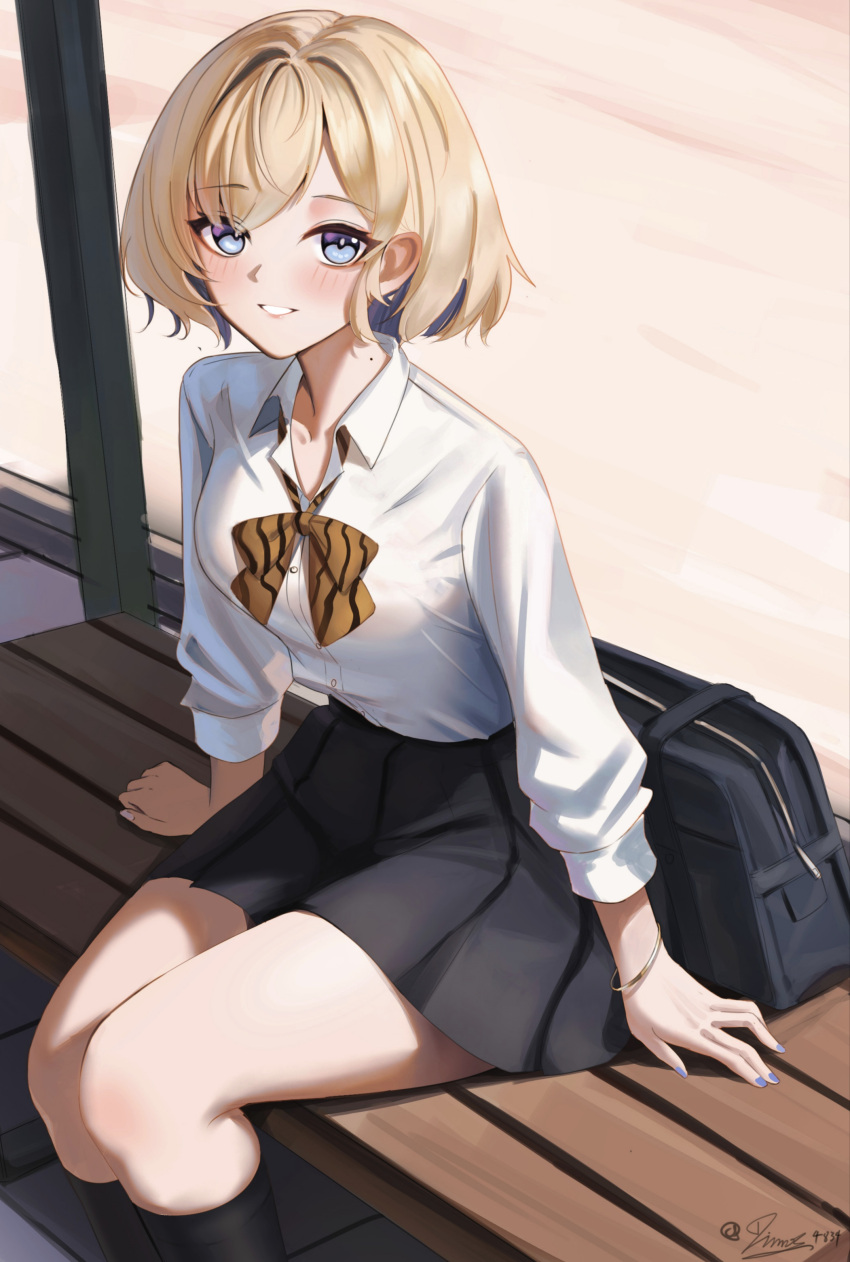 1girl, absurdres, bench, black_bag, black_skirt, black_socks, blonde_hair, blue_eyes