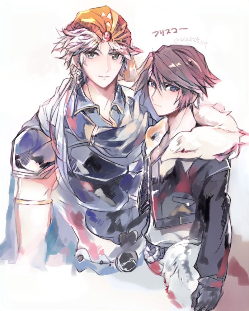 2boys, armor, asazuke_(rocca0w0), bandana, black_gloves, black_jacket, brown_hair, closed_mouth, dissidia_final_fantasy, earrings, final_fantasy, final_fantasy_ii, final_fantasy_viii, firion, fur-trimmed_jacket, fur_trim, gem, gloves, grey_hair, in-franchise_crossover, jacket, jewelry, long_hair, male_focus, multiple_boys, orange_bandana, ponytail, red_gemstone, short_hair, squall_leonhart, standing