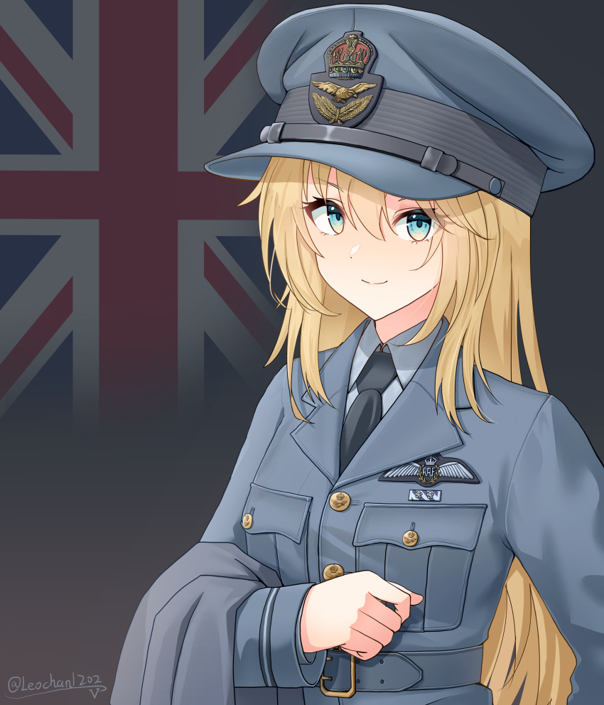 1girl, absurdres, aqua_eyes, artist_name, black_necktie, blonde_hair, blue_hat, blue_jacket