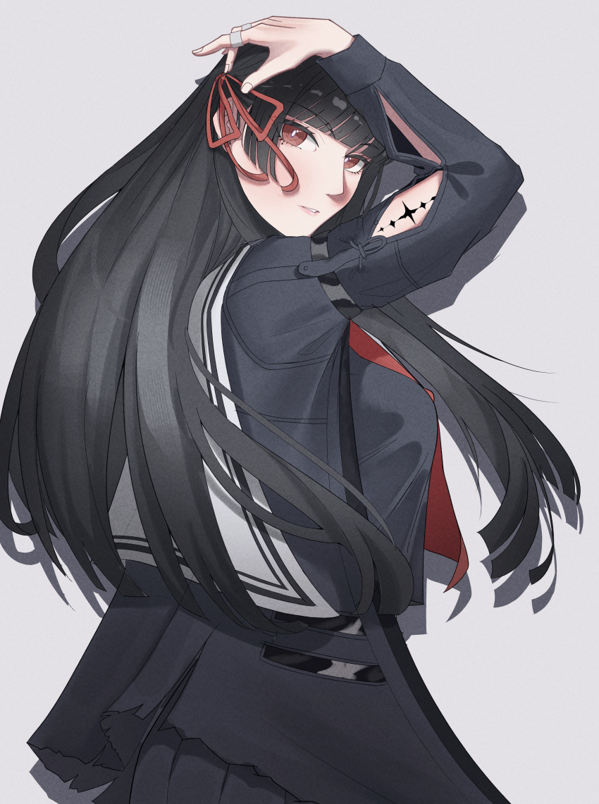 1girl, absurdres, arm_cutout, black_hair, black_shirt, black_skirt, blunt_bangs, breasts, chisa_(wuthering_waves), commentary, cowboy_shot, fah_134, hair_ribbon, highres, long_hair, long_sleeves, looking_at_viewer, medium_breasts, parted_lips, red_ribbon, ribbon, sailor_collar, shirt, skirt, solo, tacet_mark_(wuthering_waves), white_sailor_collar, wuthering_waves