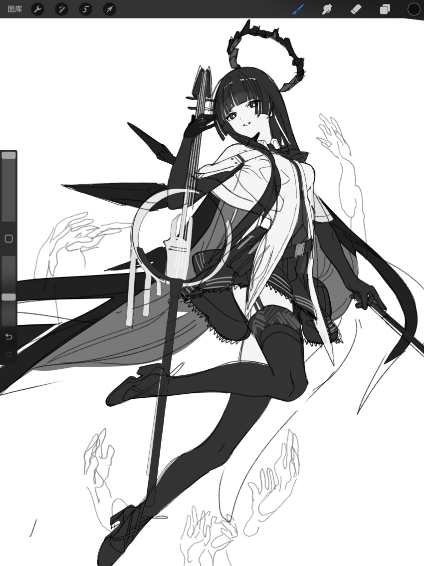 1girl, absurdres, arknights, art_program_in_frame, ascot, belt, belt_pouch, blunt_bangs