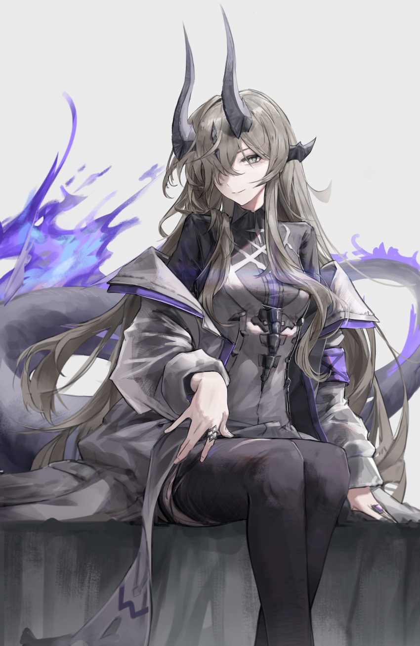 1girl, absurdres, arknights, black_horns, black_tail, black_thighhighs, closed_mouth, dragon_girl, dragon_tail, dress, fiery_tail, fire, grey_eyes, grey_hair, highres, horns, jacket, jewelry, long_hair, long_sleeves, looking_at_viewer, necrass_(arknights), nueegochi, one_eye_covered, open_clothes, open_jacket, purple_fire, ring, see-through_clothes, see-through_jacket, sitting, smile, solo, tail, thigh-highs, torn_clothes, torn_thighhighs, very_long_hair, white_dress, white_jacket
