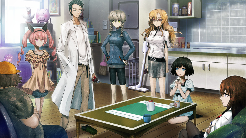 2boys, 5girls, adam's_apple, akiha_rumiho, amane_suzuha, animal_ear_hairband, animal_ears, aqua_eyes