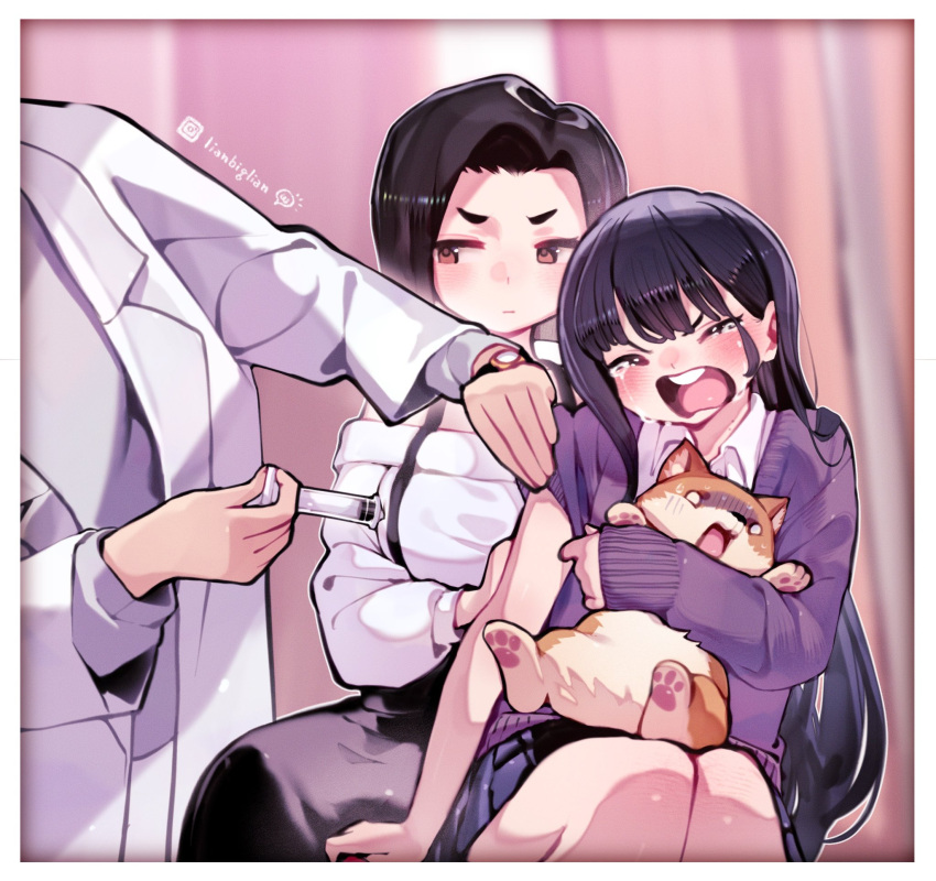 1boy, 2girls, animal, black_skirt, blush, boku_no_kokoro_no_yabai_yatsu, cardigan, coat