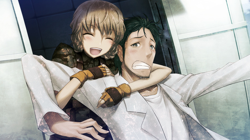 1boy, 1girl, amane_suzuha, amane_suzuha_(beta), ammunition_pouch, arms_around_neck, beard_stubble, black_hair
