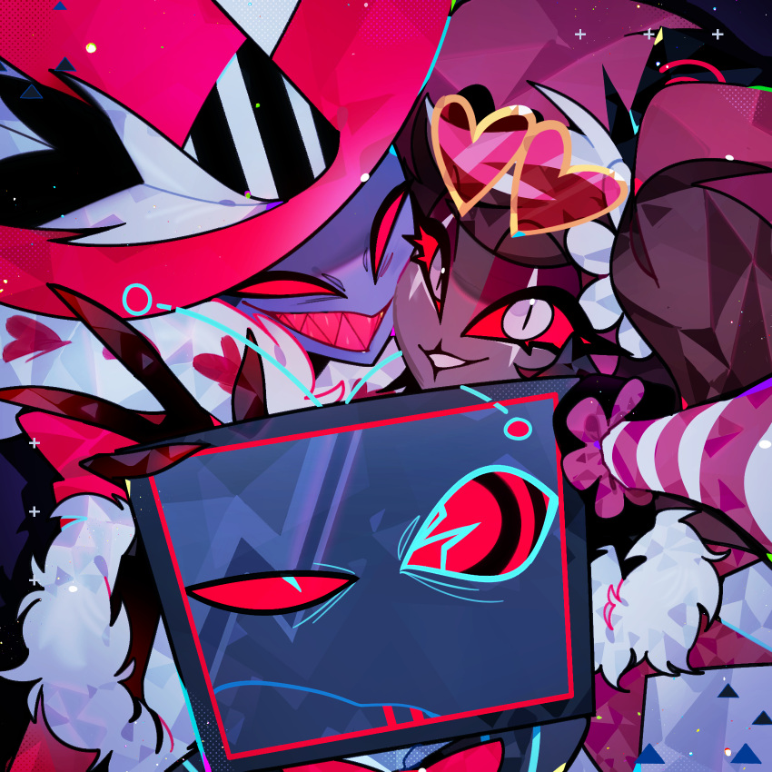1girl, 2boys, ama0805, coat, colored_skin, demon_boy, dress, fur-trimmed_coat, fur_trim, hazbin_hotel, heart, heart-shaped_eyewear, highres, multiple_boys, pink_coat, pink_dress, purple_skin, red_eyes, sharp_teeth, teeth, twintails, valentino_(hazbin_hotel), velvette_(hazbin_hotel), vox_(hazbin_hotel)