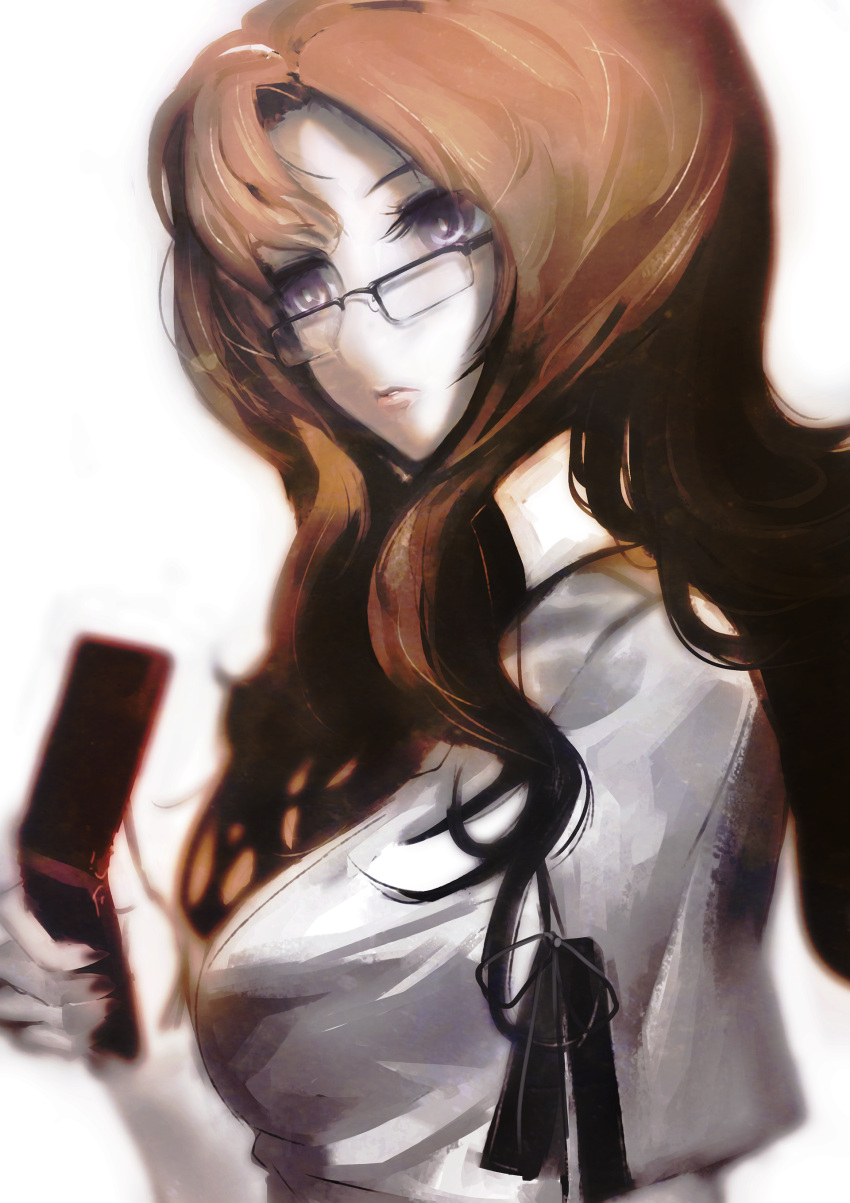 absurdres, black_ribbon, black_trim, blonde_hair, breasts, cellphone, collared_shirt, fingernails
