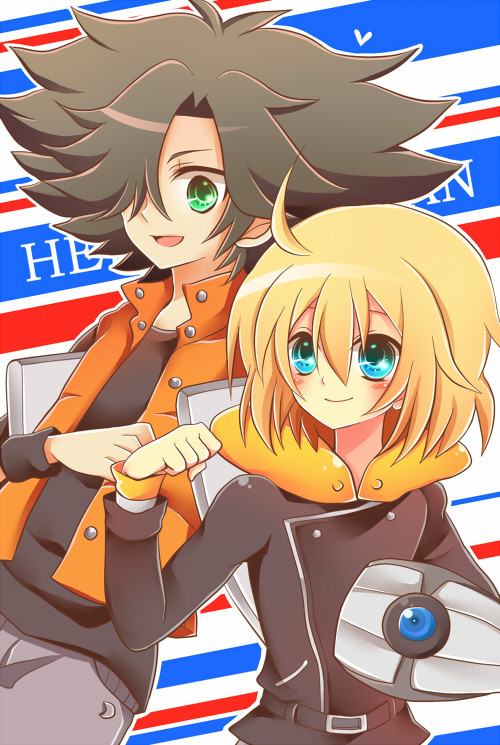 2boys, ahoge, bad_id, blonde_hair, blue_eyes, brown_hair, green_eyes, hair_over_one_eye