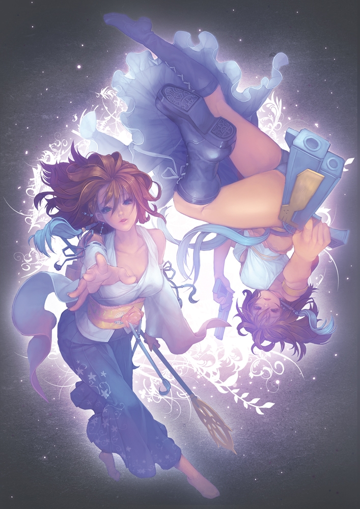 brown_hair, cacao, detached_sleeves, dual_persona, final_fantasy, final_fantasy_x, final_fantasy_x-2, gun
