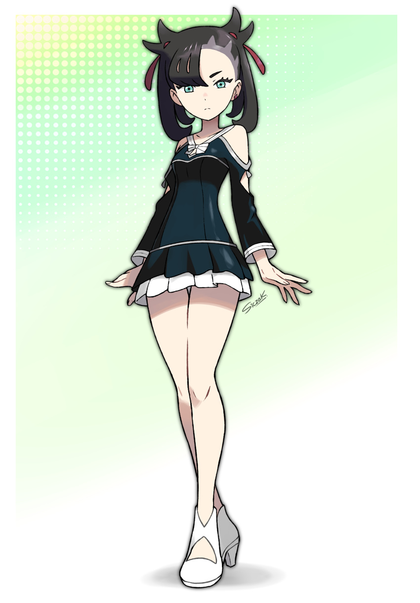 1girl, absurdres, alternate_costume, asymmetrical_bangs, bare_legs, black_dress, black_hair, border