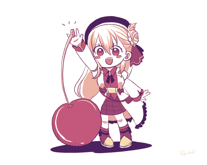 agnes_claudel, artist_name, blonde_hair, bun_with_braided_base, cherry, chibi, coat, eiyuu_densetsu