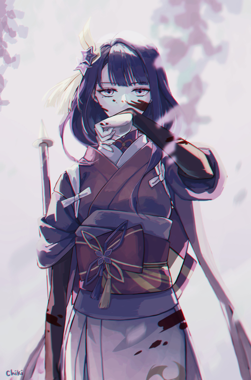 1girl, absurdres, arm_up, artist_name, back_bow, blood, blood_on_face, blunt_bangs