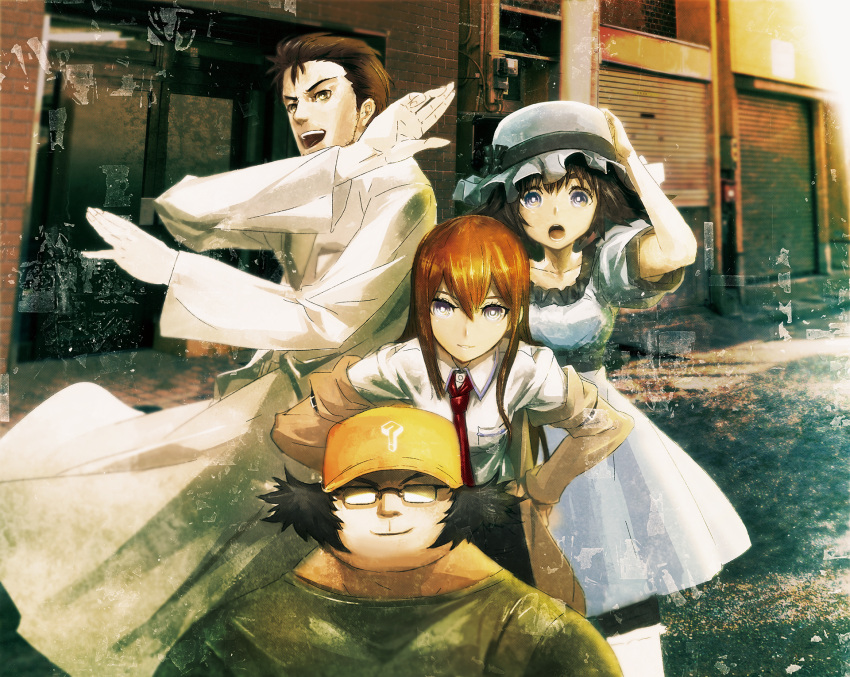 2boys, 2girls, adam's_apple, akihabara_(tokyo), aqua_eyes, arm_belt, beard_stubble, bent_over