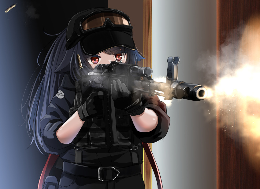 1girl, aiming, alternate_costume, ar-15, assault_rifle, baseball_cap, belt, black_belt