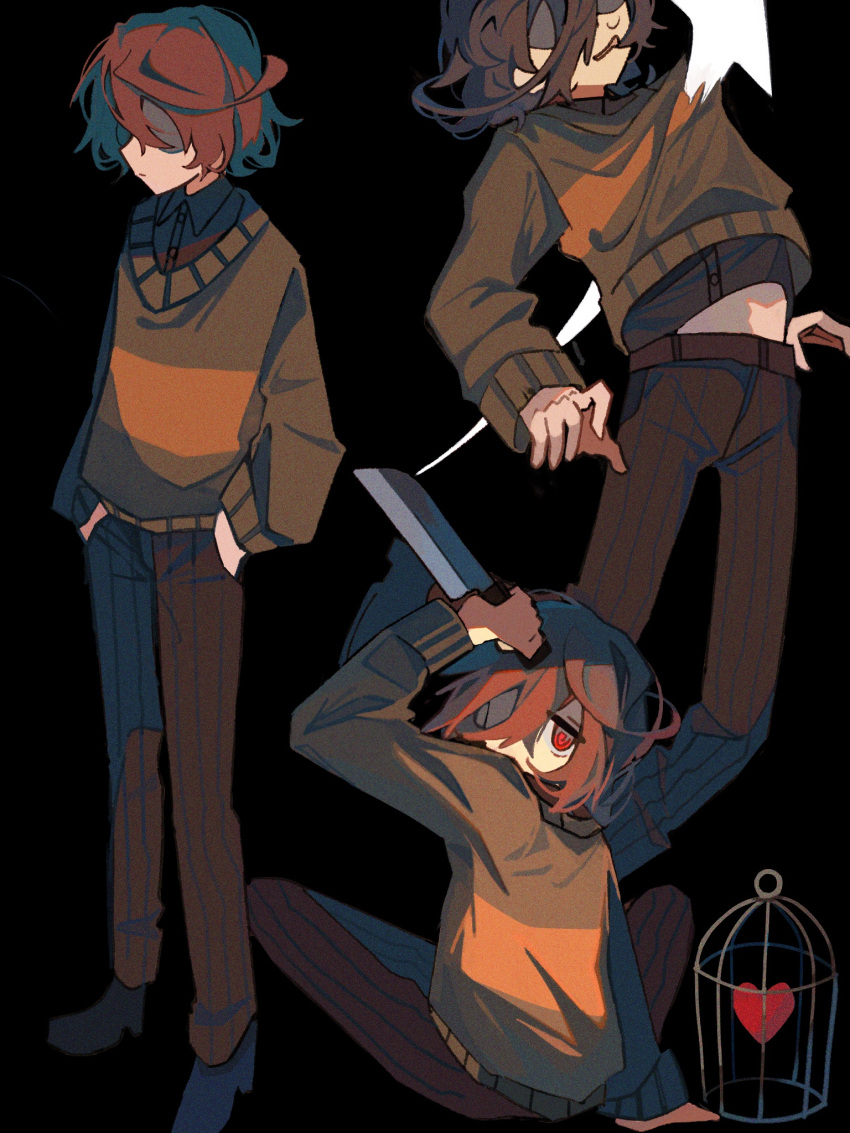 1other, black_background, brown_hair, brown_pants, covered_eyes, deltarune, green_sweater, heart