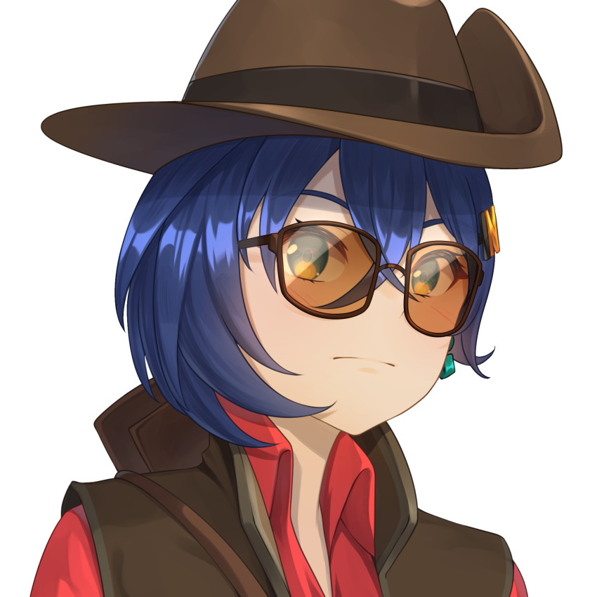 1girl, acrylicstroke, belle_(zenless_zone_zero), blue_eyes, blue_hair, brown_vest, closed_mouth, collared_shirt
