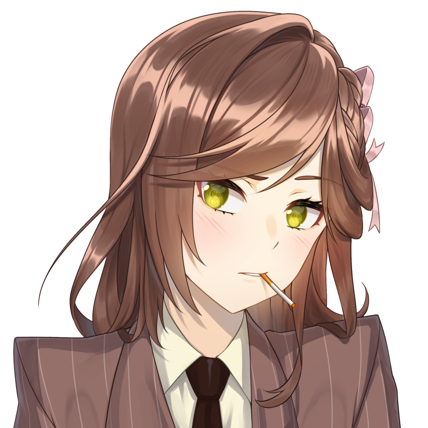 1girl, acrylicstroke, brown_hair, cigarette, collared_shirt, commission, commissioner_upload, cosplay