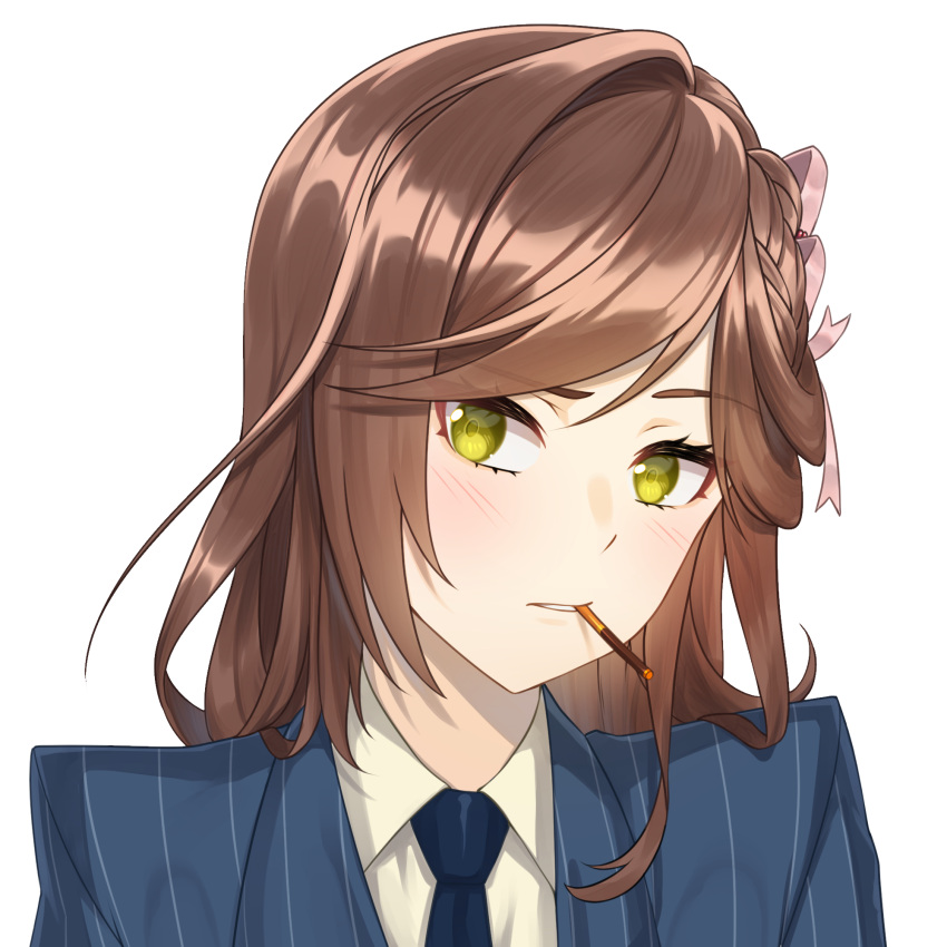 1girl, acrylicstroke, blu_spy_(tf2), blue_jacket, blue_necktie, brown_hair, cigarette, collared_shirt