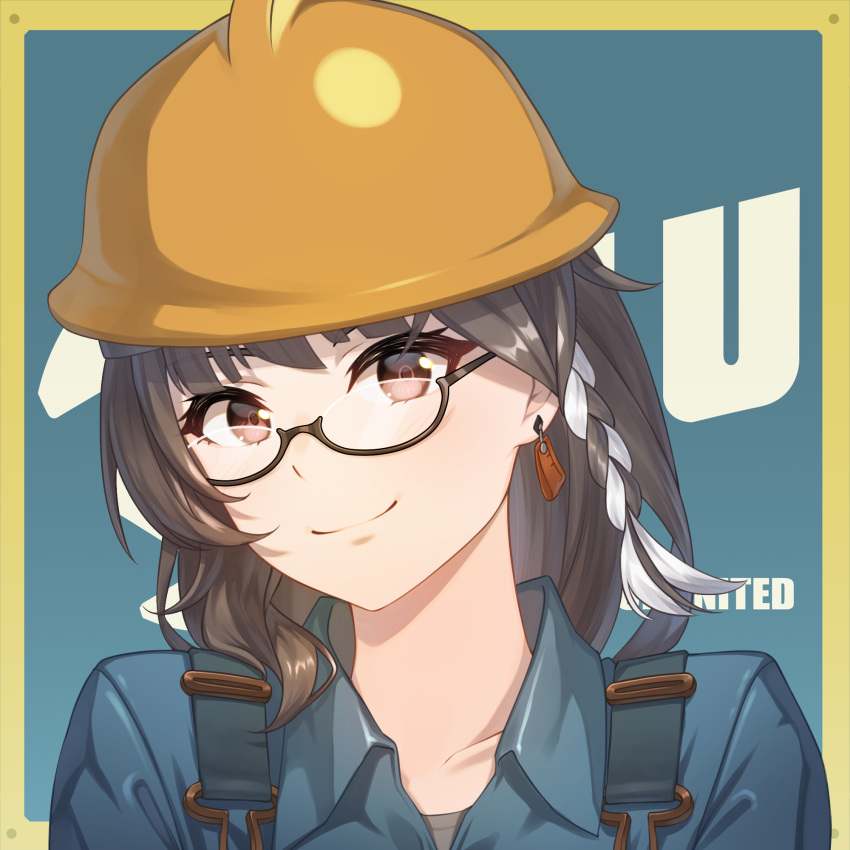 1girl, acrylicstroke, blu_engineer_(tf2), blue_shirt, braid, brown_eyes, brown_hair, closed_mouth, collared_shirt, commission, commissioner_upload, cosplay, earrings, engineer, engineer_(tf2), engineer_(tf2)_(cosplay), entropy_(honkai_impact), female_dreamseeker_(honkai_impact), glasses, helmet, highres, honkai_(series), honkai_impact_3rd, jewelry, long_hair, looking_at_viewer, non-web_source, semi-rimless_eyewear, shirt, smile, solo, team_fortress_2, upper_body