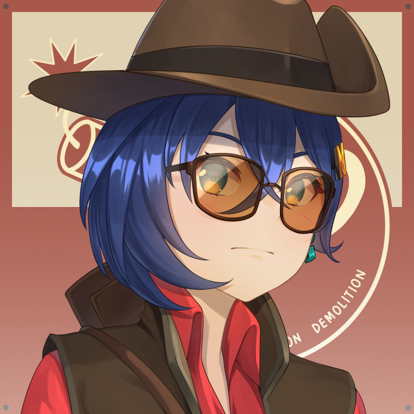 1girl, acrylicstroke, belle_(zenless_zone_zero), blue_eyes, blue_hair, brown_vest, closed_mouth, collared_shirt