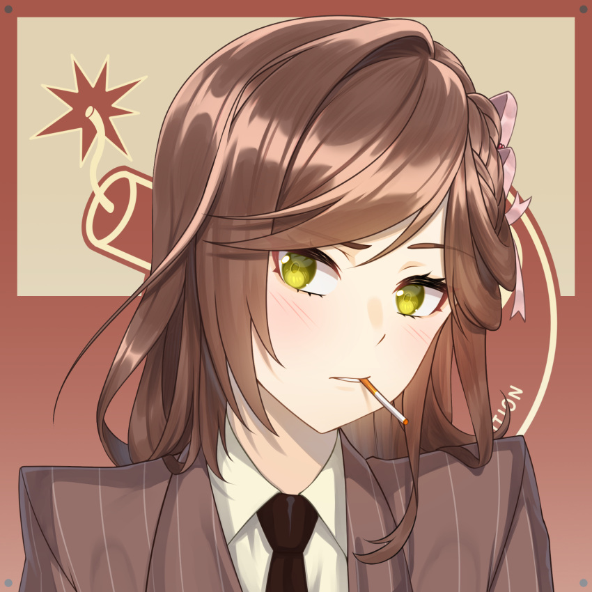 1girl, acrylicstroke, brown_hair, cigarette, collared_shirt, commission, commissioner_upload, cosplay