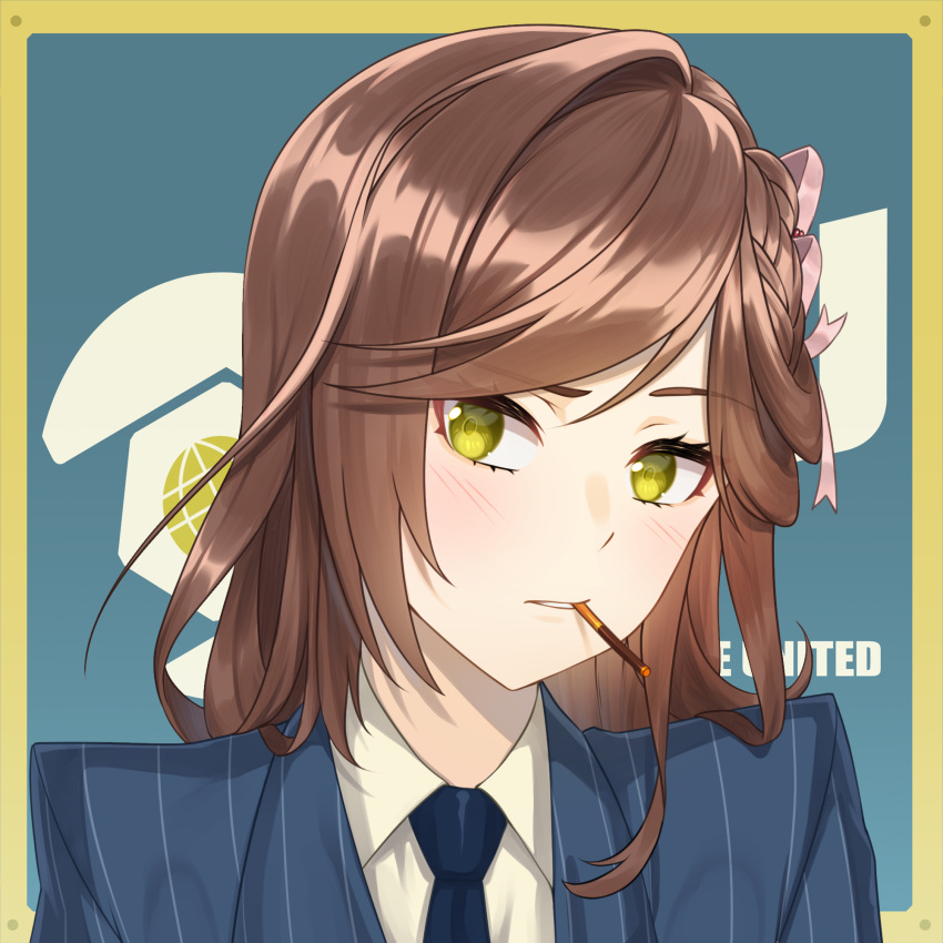 1girl, acrylicstroke, blu_spy_(tf2), blue_jacket, blue_necktie, brown_hair, cigarette, collared_shirt