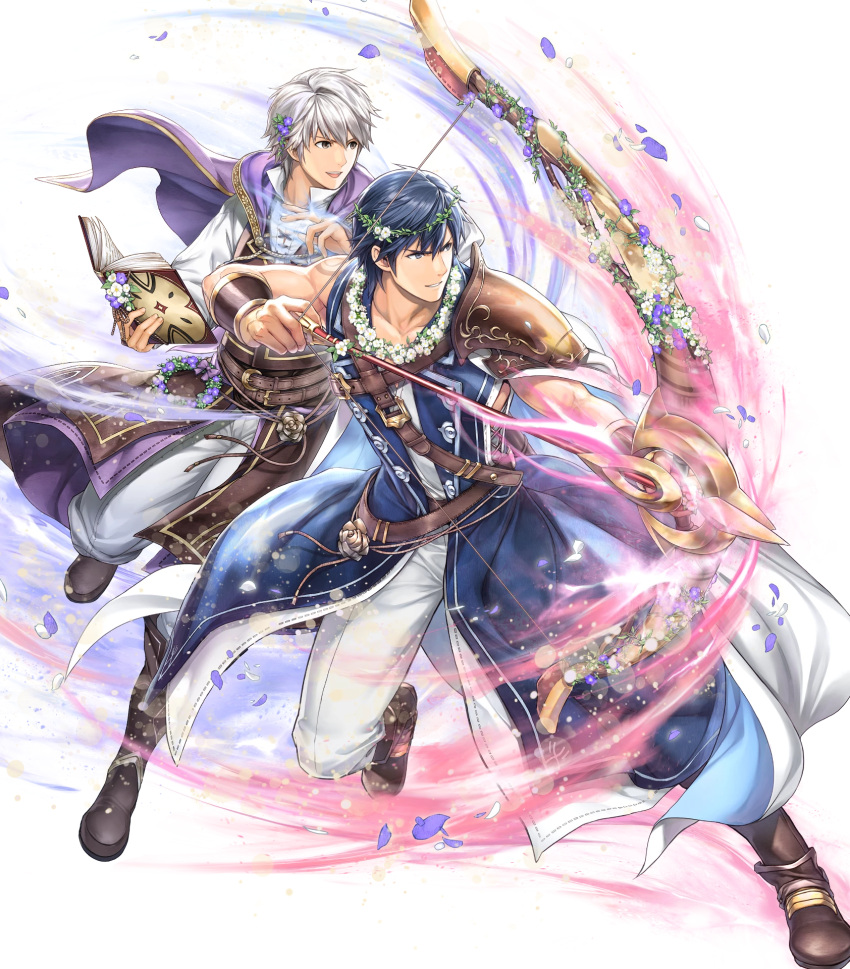 2boys, attack, blue_eyes, blue_hair, book, bouquet, bow_(weapon), brand_of_the_exalt