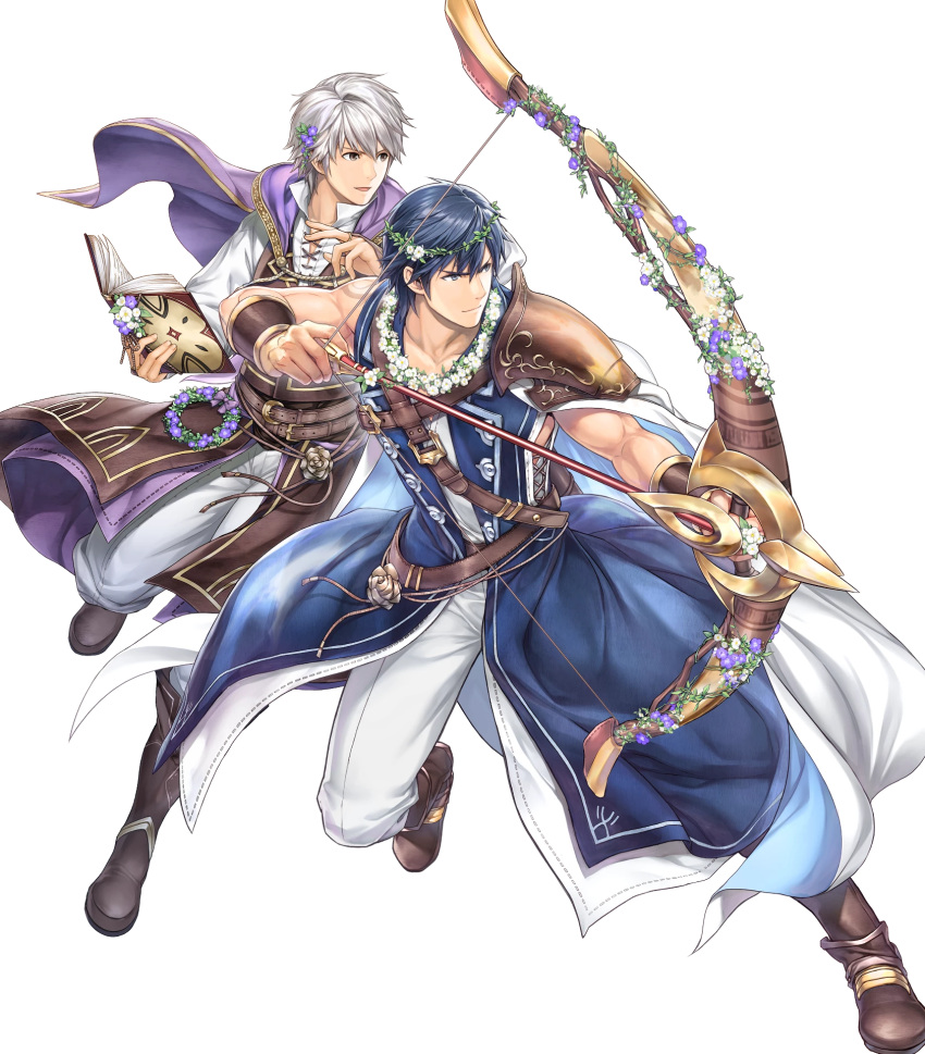 2boys, attack, blue_eyes, blue_hair, book, bouquet, bow_(weapon), brand_of_the_exalt