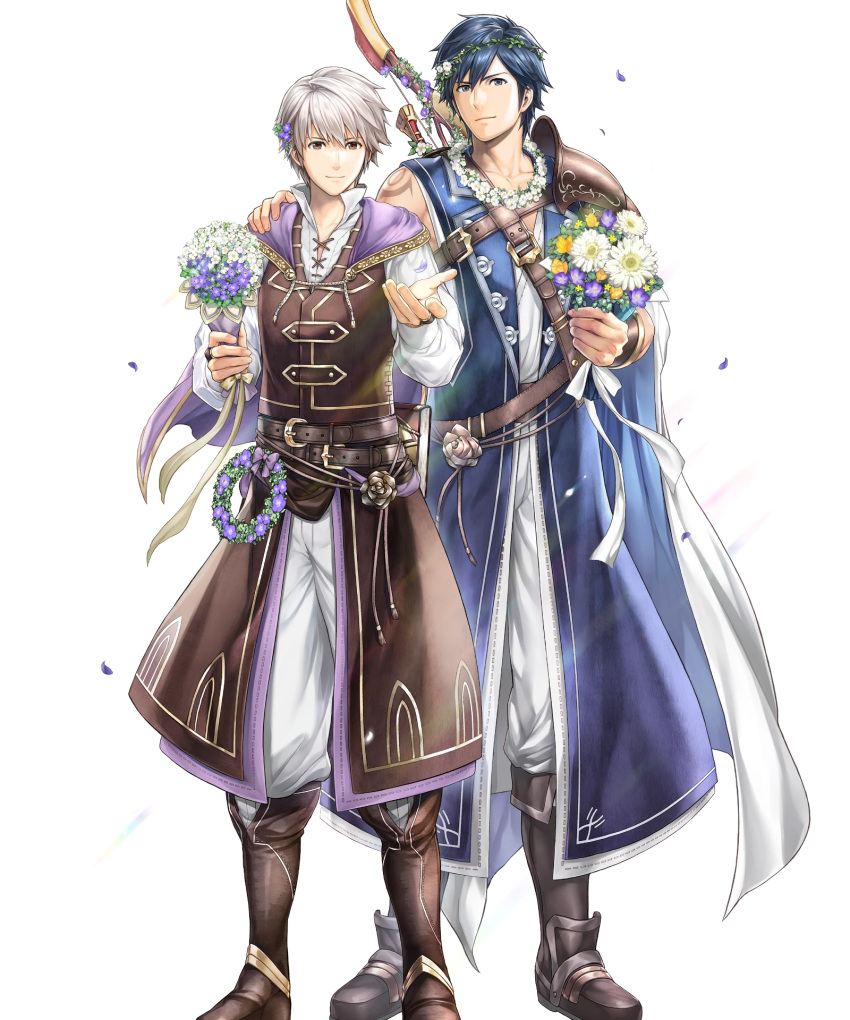 2boys, blue_eyes, blue_hair, bouquet, bow_(weapon), brand_of_the_exalt, brown_eyes, cape