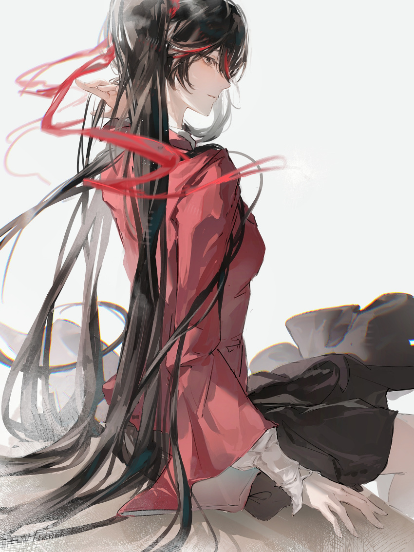 1girl, absurdres, black_eyes, black_hair, black_skirt, breasts, chromatic_aberration, commentary_request, from_side, hand_up, highres, honseie, long_hair, looking_ahead, lucia_(pgr), multicolored_hair, parted_lips, profile, punishing:_gray_raven, red_shirt, shirt, sitting, skirt, small_breasts, solo, streaked_hair, very_long_hair