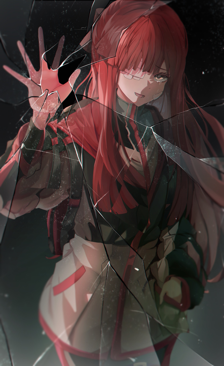 absurdres, black_background, bn, broken_glass, eyepatch, glass, hair_over_one_eye, highres, jacket, limbus_company, long_hair, looking_at_viewer, multicolored_jacket, one_eye_covered, project_moon, red_eyes, red_hair, two-tone_jacket, yuri_(project_moon)