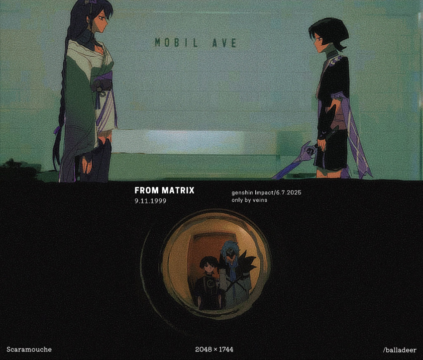 1girl, 2boys, alternate_skin_color, arm_at_side, ascot, black_eyes, black_hair, black_kimono