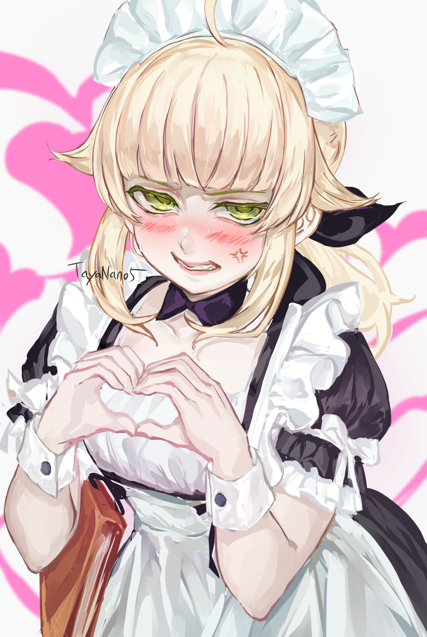 1girl, absurdres, ahoge, apron, black_dress, blonde_hair, blunt_bangs, blush, clenched_teeth, collared_dress, commentary, dress, frilled_apron, frills, green_eyes, heart, heart_hands, highres, looking_at_viewer, maid, maid_apron, maid_headdress, medium_hair, mushoku_tensei, norn_greyrat, short_sleeves, signature, solo, tayanano5, teeth, upper_body, white_apron, white_wrist_cuffs, wrist_cuffs