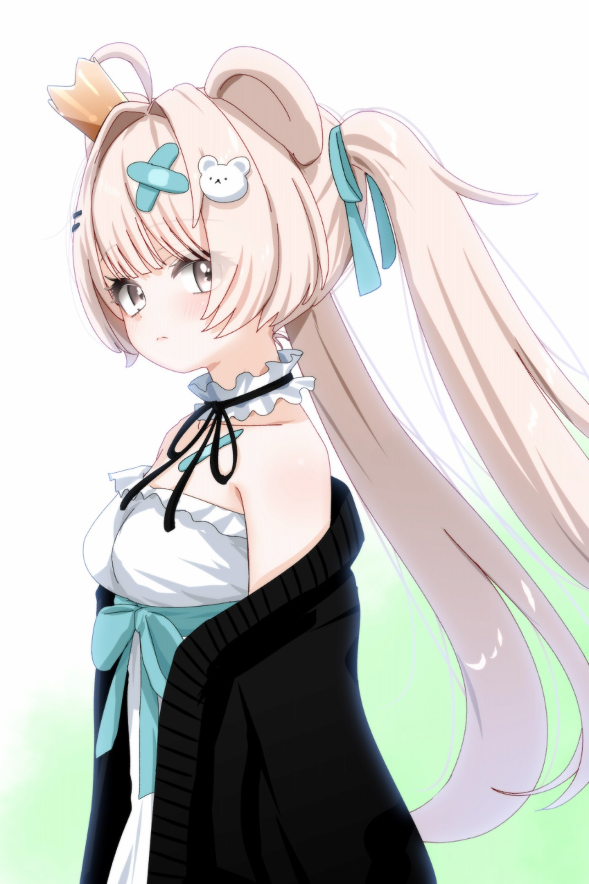 1girl, ahoge, animal_ears, bare_shoulders, bear_ears, bear_girl, bear_hair_ornament, black_jacket