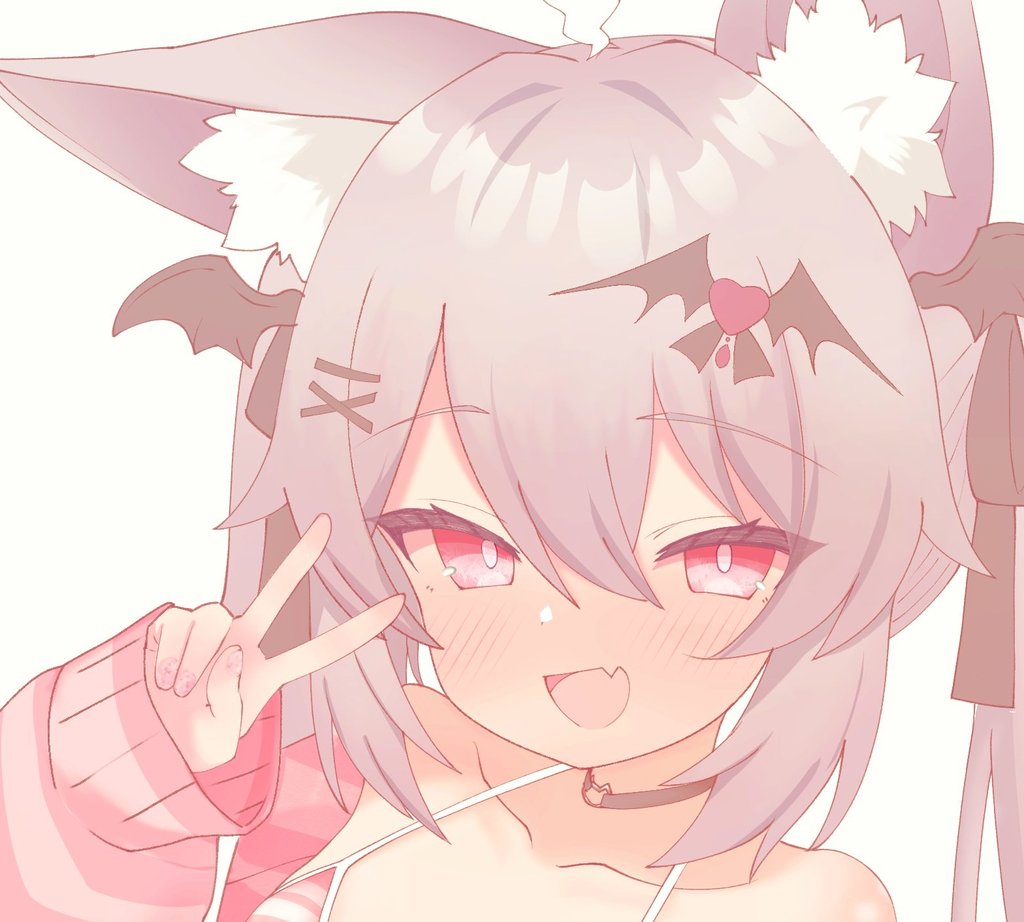 1girl, :d, animal_ear_fluff, animal_ears, bare_shoulders, bat_hair_ornament, bikini, black_choker, blush, bright_pupils, cardigan, choker, collarbone, fang, fox_ears, grey_hair, hair_between_eyes, hair_ornament, hair_ribbon, hairclip, hand_up, head_wings, heart, heart_choker, heart_hair_ornament, jacket, karin_(vrchat), ks_aya_(gztm4838), long_hair, long_sleeves, looking_at_viewer, off_shoulder, open_mouth, pink_cardigan, pink_eyes, pink_jacket, pink_nails, pink_sweater, red_eyes, ribbon, simple_background, skin_fang, sleeves_past_wrists, smile, solo, striped_bikini, striped_clothes, sweater, swimsuit, twintails, v, vrchat, white_background, white_pupils, wings, x_hair_ornament