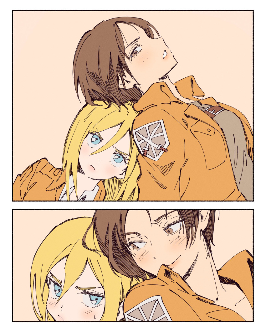 2girls, belt, blonde_hair, blue_eyes, border, breasts, brown_belt, brown_eyes