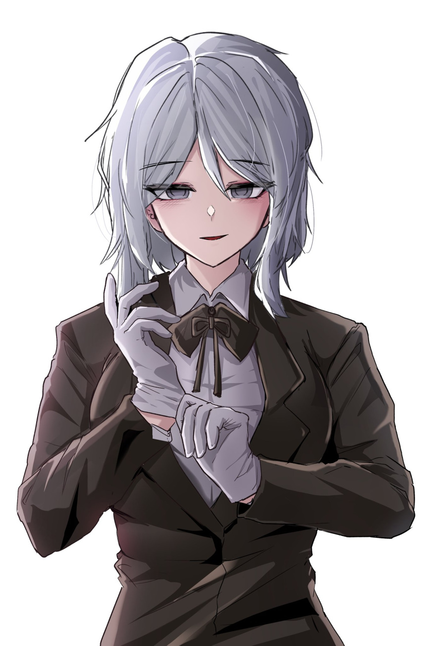 brown_jacket, brown_ribbon, chanwoo, faust_(project_moon), gloves, hair_between_eyes, highres, jacket