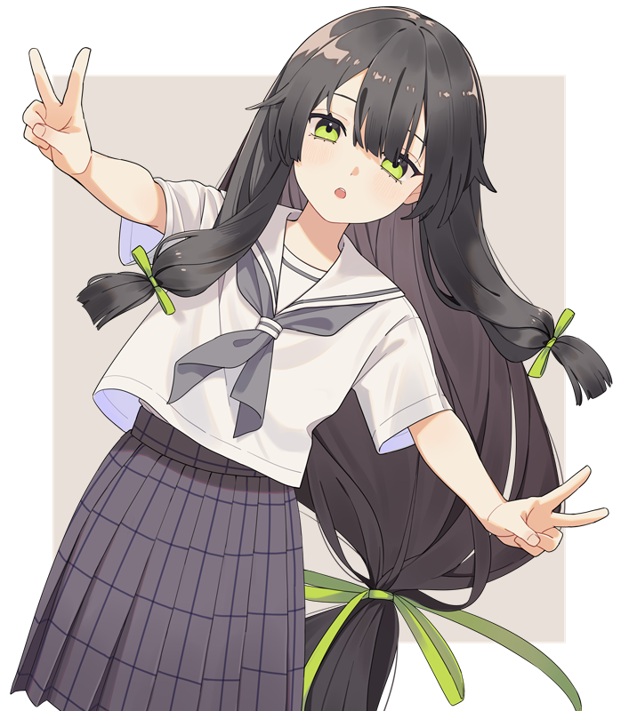 1girl, alternate_costume, black_hair, cowboy_shot, double_v, green_eyes, grey_background, grey_neckerchief, grey_skirt, hair_ribbon, i-47_(kancolle), ichiroku_(sakumogu-029), kantai_collection, leaning_to_the_side, long_hair, neckerchief, plaid_clothes, plaid_skirt, pleated_skirt, ribbon, sailor_collar, school_uniform, serafuku, shirt, short_sleeves, simple_background, skirt, solo, standing, tress_ribbon, two-tone_background, v, white_sailor_collar, white_shirt
