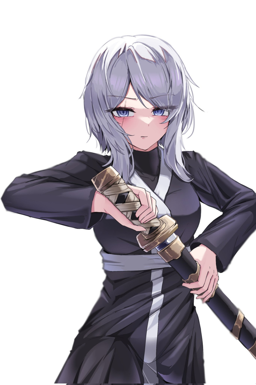 black_jacket, black_shirt, breasts, chanwoo, faust_(project_moon), grey_eyes, grey_hair, highres