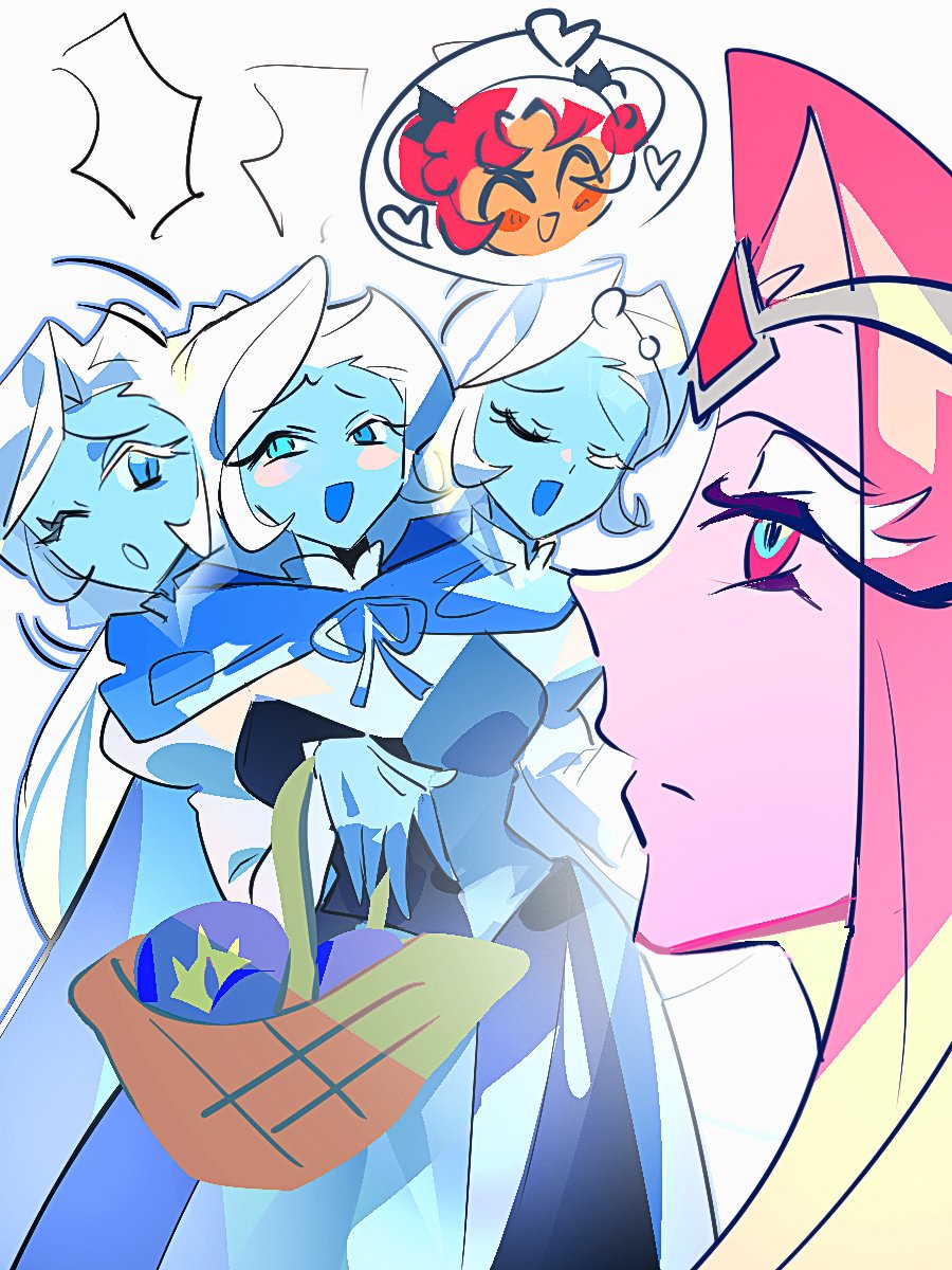 3girls, basket, blue_eyes, blue_skin, cloak, colored_skin, cookie_run, cookie_run:_kingdom