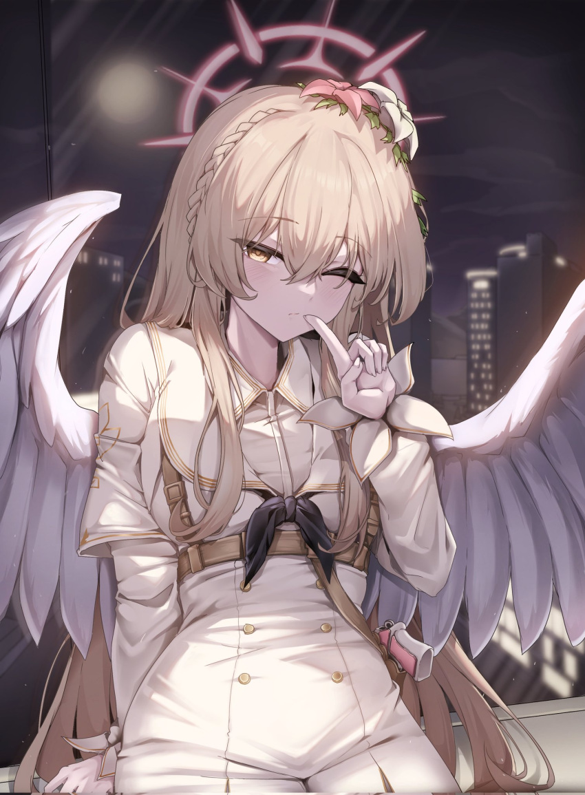 1girl, angel_wings, black_neckerchief, blue_archive, brown_eyes, brown_hair, chanwoo, dress, finger_to_mouth, halo, highres, index_finger_raised, looking_at_viewer, nagisa_(blue_archive), neckerchief, one_eye_closed, pink_halo, school_uniform, serafuku, solo, white_dress, white_serafuku, white_wings, wings