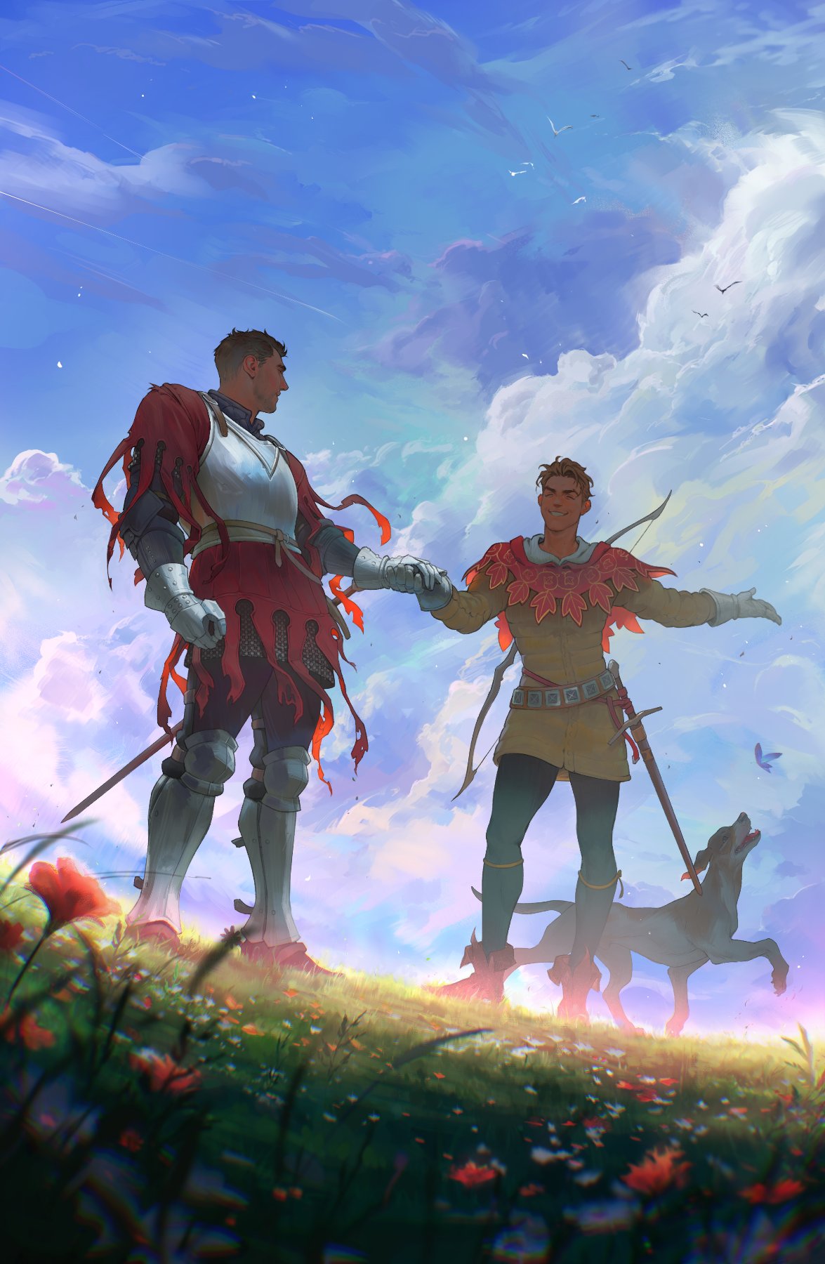 2boys, animal, armor, beard_stubble, belt, black_pants, blonde_hair, boots