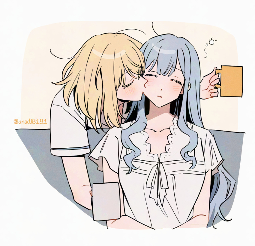 2girls, bak_pep, bang_dream!, bang_dream!_it's_mygo!!!!!, blonde_hair, blue_hair, closed_eyes, coffee_mug