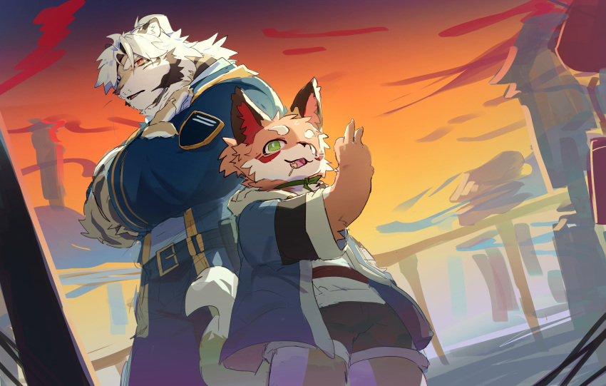2boys, absurdres, animal_ears, claws, crossed_arms, dusk, fang, fox_boy