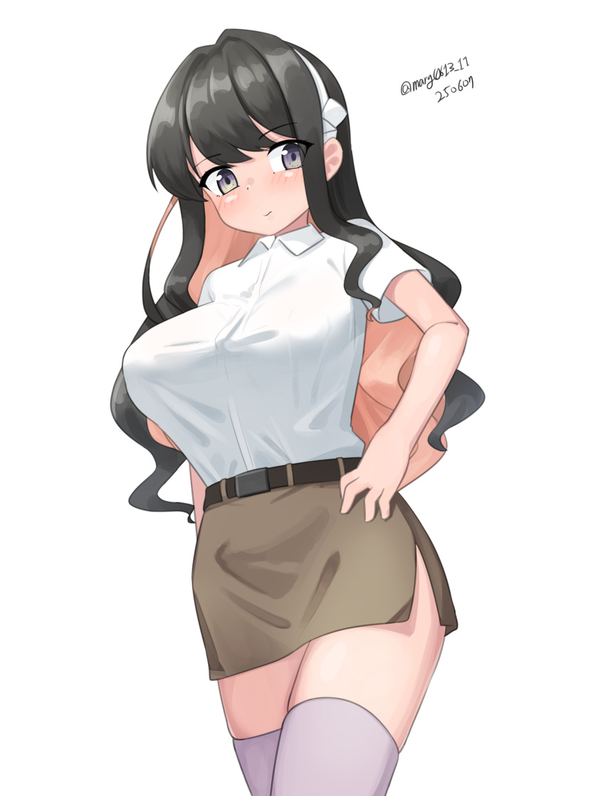 1girl, absurdres, black_hair, breasts, brown_skirt, collared_shirt, colored_inner_hair, dated