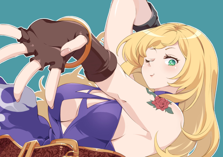 aqua_background, b._jenet, blonde_hair, drdr_ao_midoro, dress, fatal_fury, flower_tattoo, green_eyes, long_hair, looking_at_viewer, one_eye_closed, purple_dress, tattoo, the_king_of_fighters
