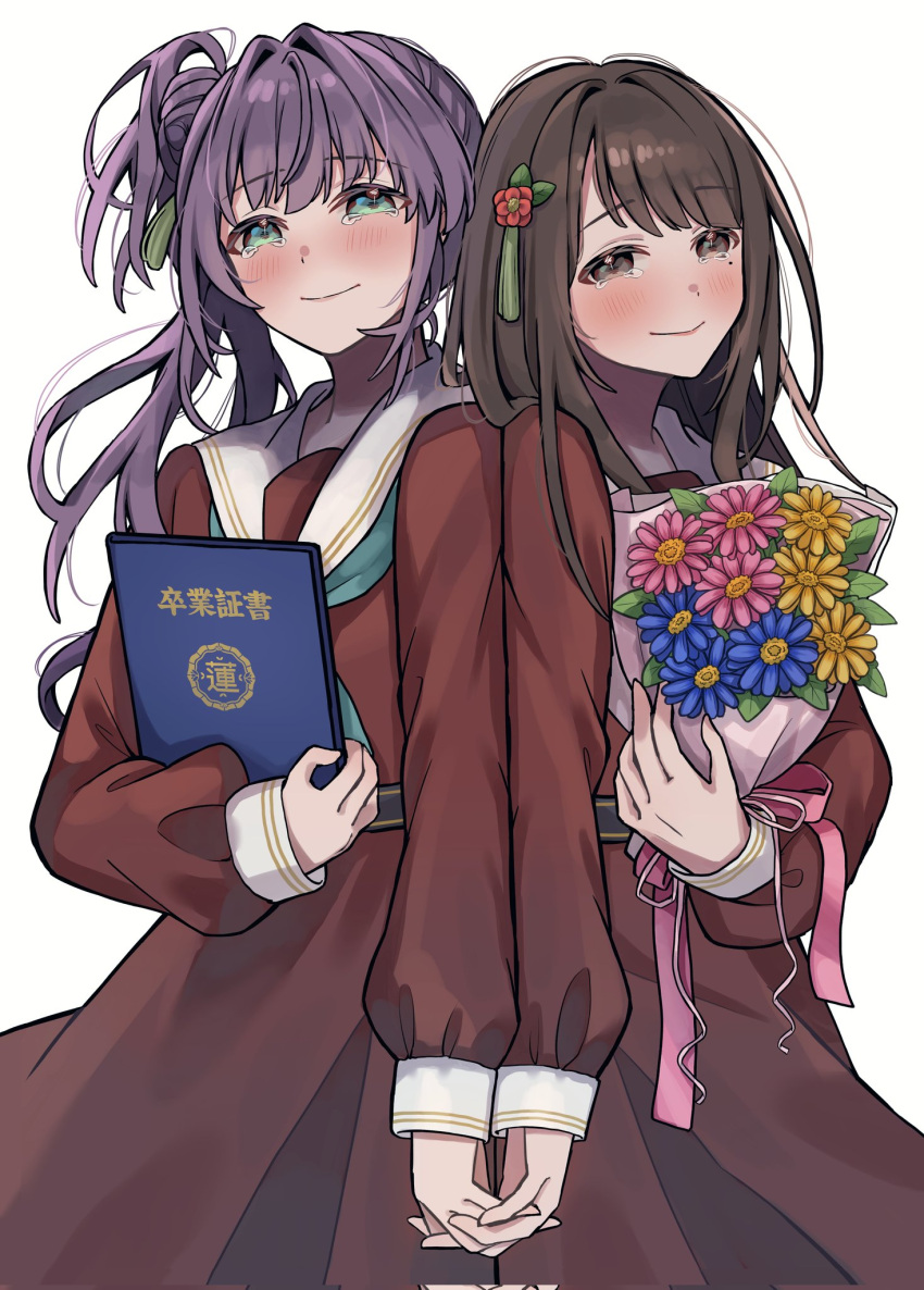 2girls, animification, aqua_neckerchief, blue_flower, blunt_bangs, blush, bouquet, brown_dress